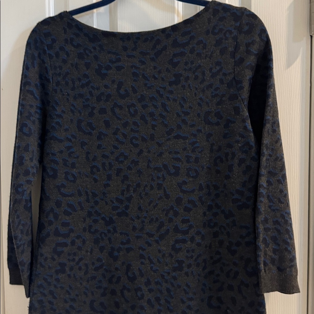 LOFT Charcoal, Navy & Blue Leopard Print Sweater Dress w/ Gray Trim - Picture 6 of 10